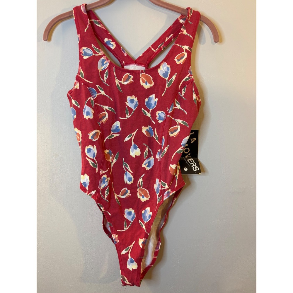 NEW LA Movers Old Stock Red Tulip Print High Cut Leotard L 80's Aerobica